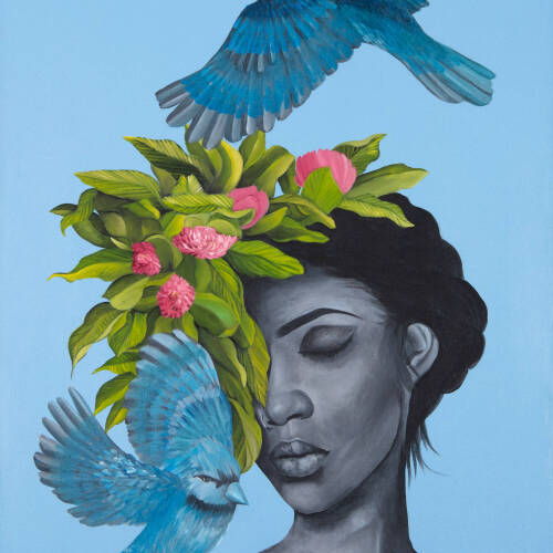 Painting of a woman in grey tones on a bright blue background. Portion of the woman's face is covered by two blue birds and a green plant with pink flowers.